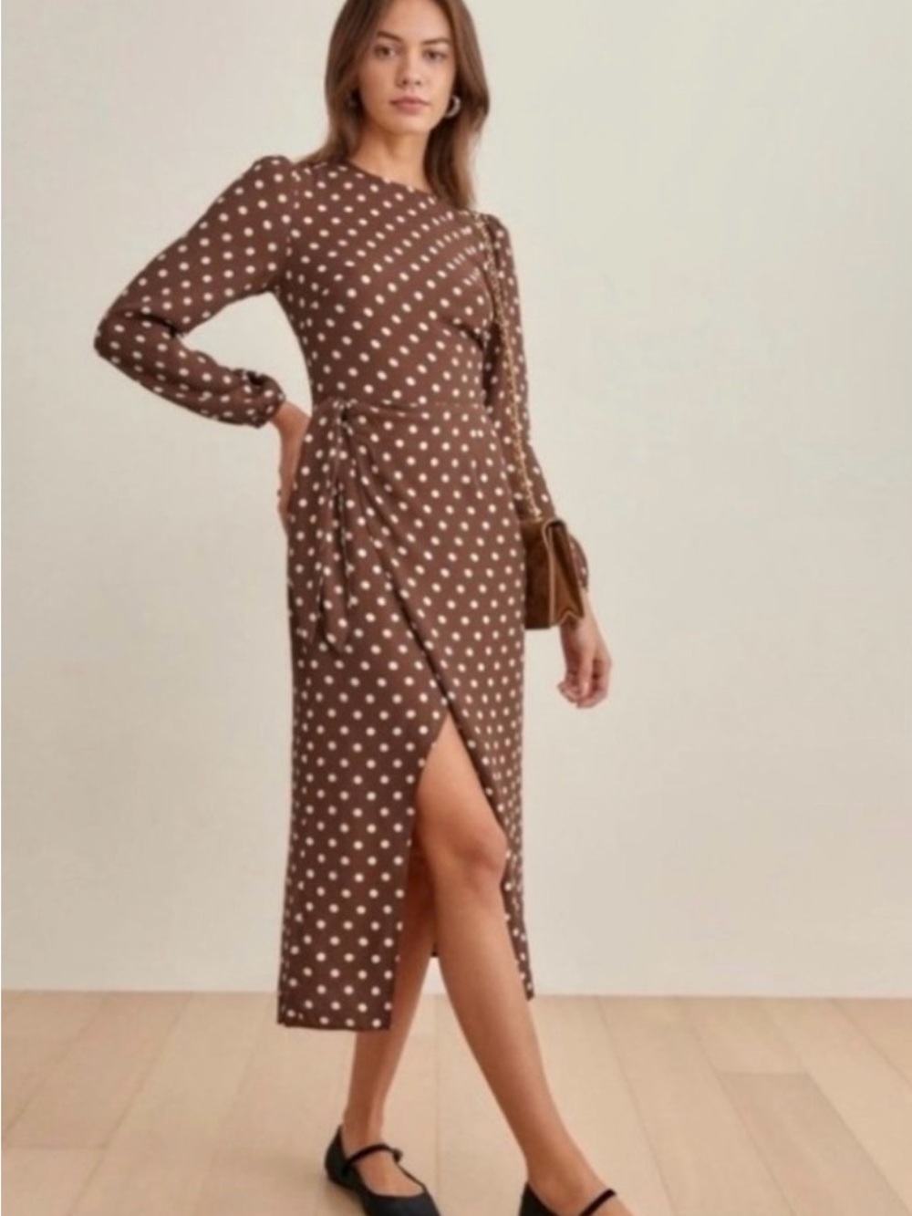 Reformation Reza Wrap Effect Polka Dot Midi Dress Brown White Size 0
